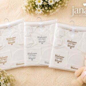 A premium 8-piece newborn baby gift set made from 100% soft cotton. Designed for babies aged 0–3 months, offering comfort, safety, and everyday essentials in one beautiful package.