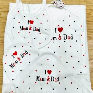 Dress your little one in comfort with our 5 Piece Baby Gift Set made from 100% premium soft cotton. Designed for newborn babies, this adorable "I Love Mom & Dad" printed set is soft, breathable, lightweight, and gentle on delicate baby skin. A perfect choice for daily wear or as a thoughtful baby shower gift.