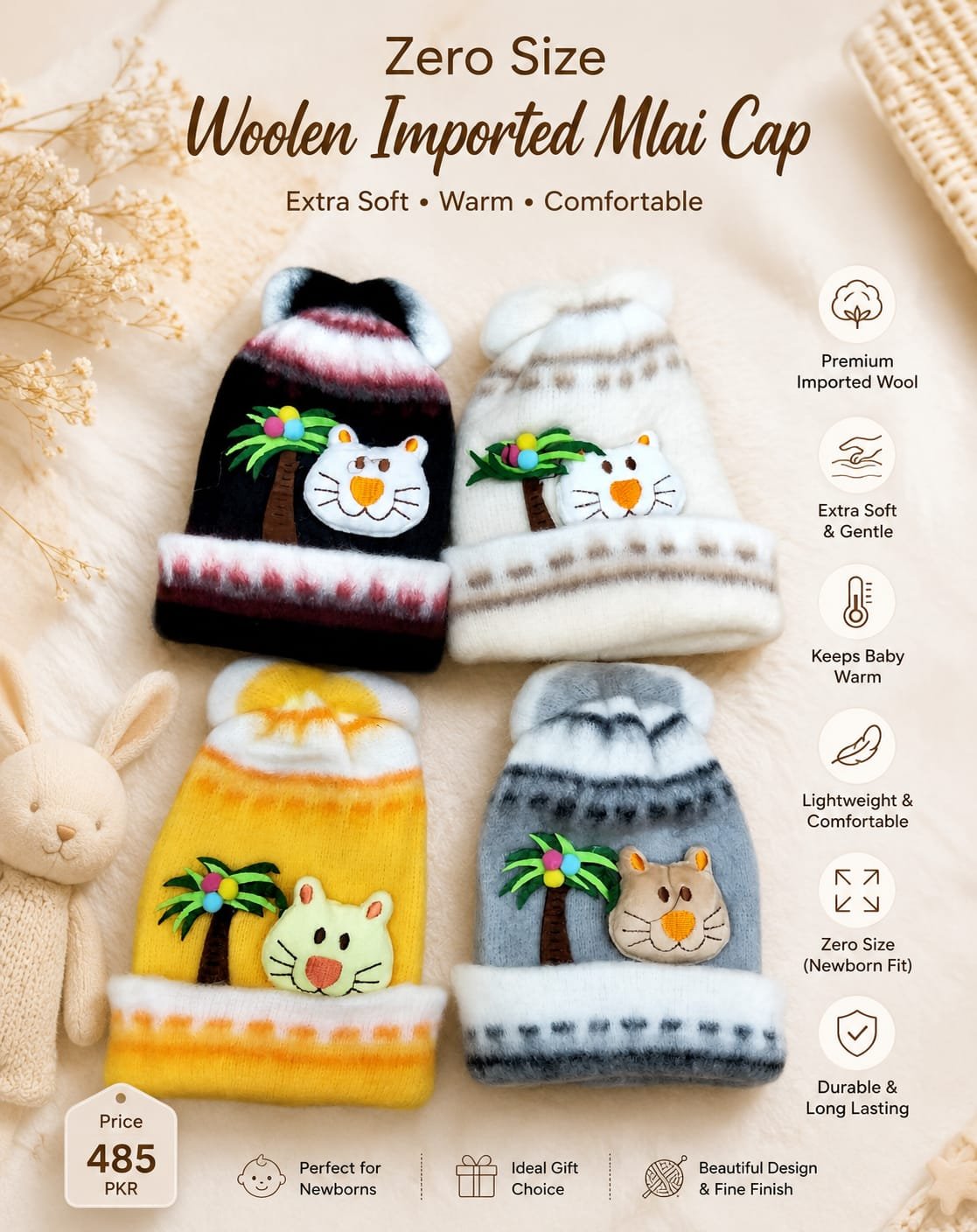 Zero Size Woolen Imported Mlai Cap for Newborn Baby | Soft & Warm Winter Cap | Cute Animal Design | Baby Woolen Hat